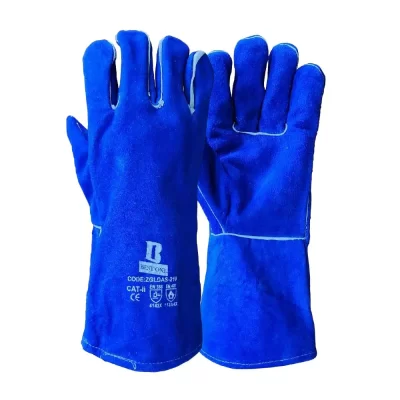 ถุงมือหนังสีน้ำเงิน กันความร้อน 180 องศา