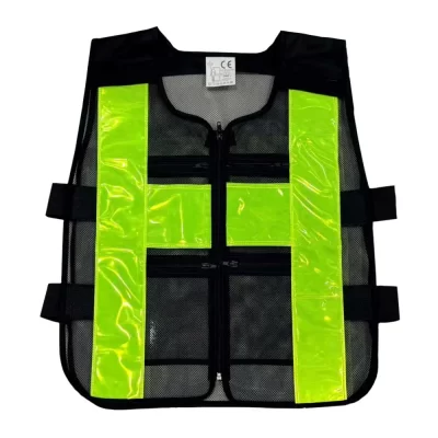 เสื้อกั๊กสะท้อนแสงเขียวตาข่ายดำ มีซิป