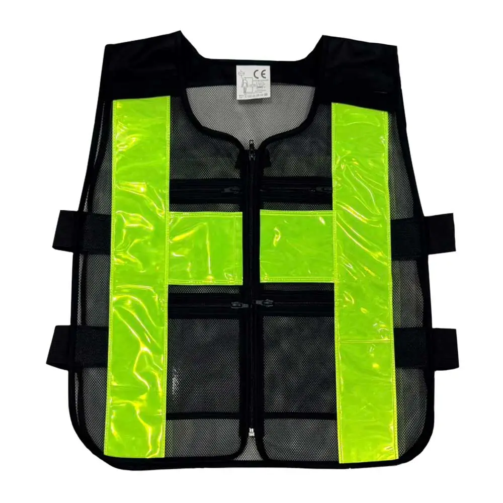 เสื้อกั๊กสะท้อนแสงเขียวตาข่ายดำ มีซิป