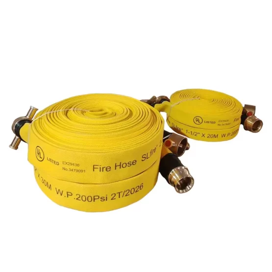 สายดับเพลิงผ้าใบสีเหลือง 1.5″x20m. พร้อมข้อต่อทองเหลือง 2.5″